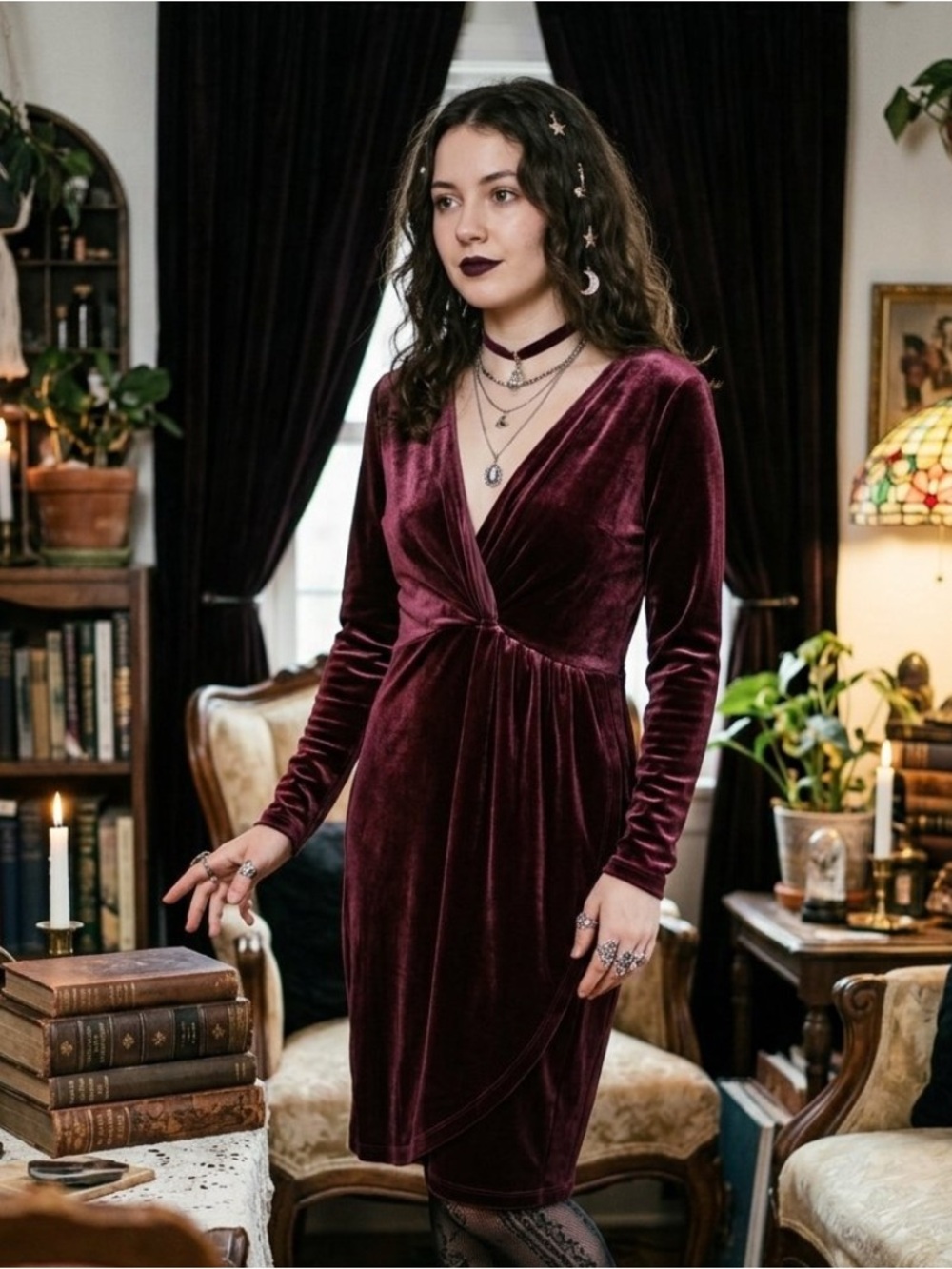 LOFT Velvet Wrap-Style Long Sleeve Dress in Burgundy Whimsigoth Holiday Glam